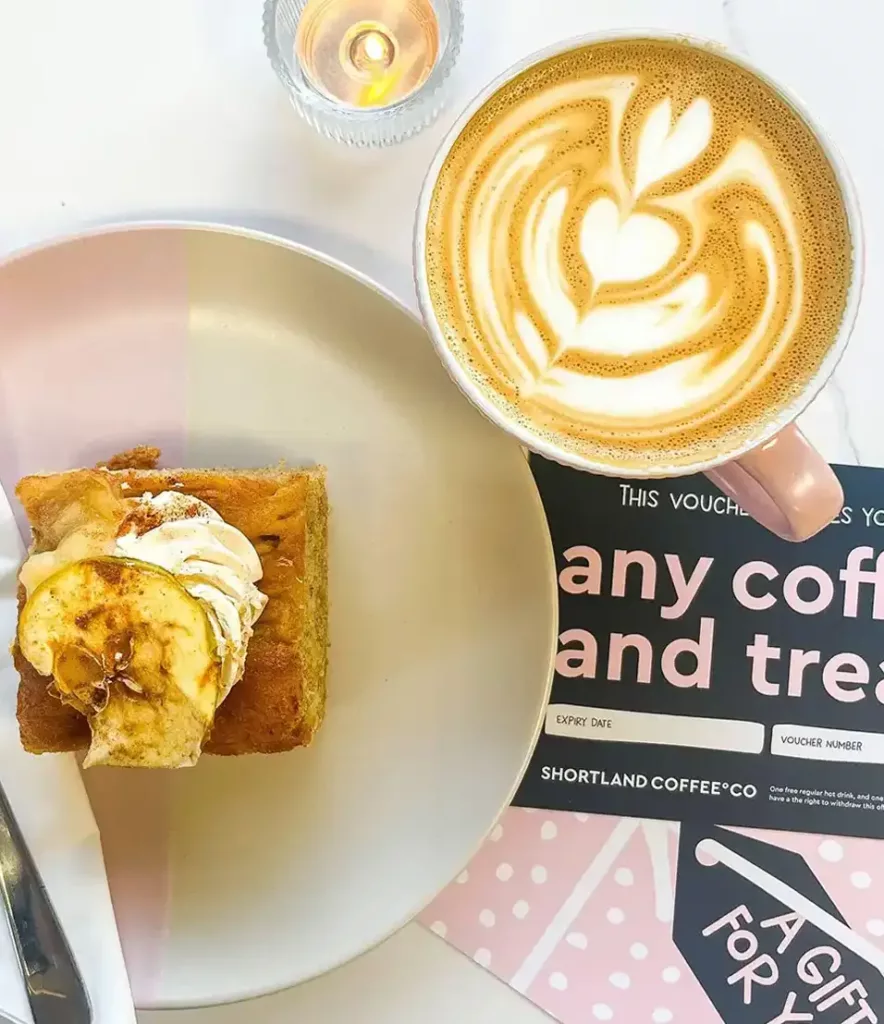 An aerial shot of coffee and cake